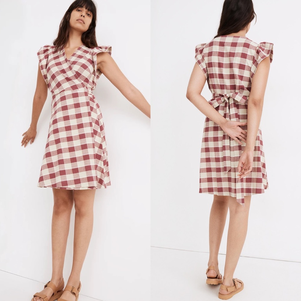 New Madewell Gingham Wrap Mini Dress Ruffle Sleeves Red Cream Size SP